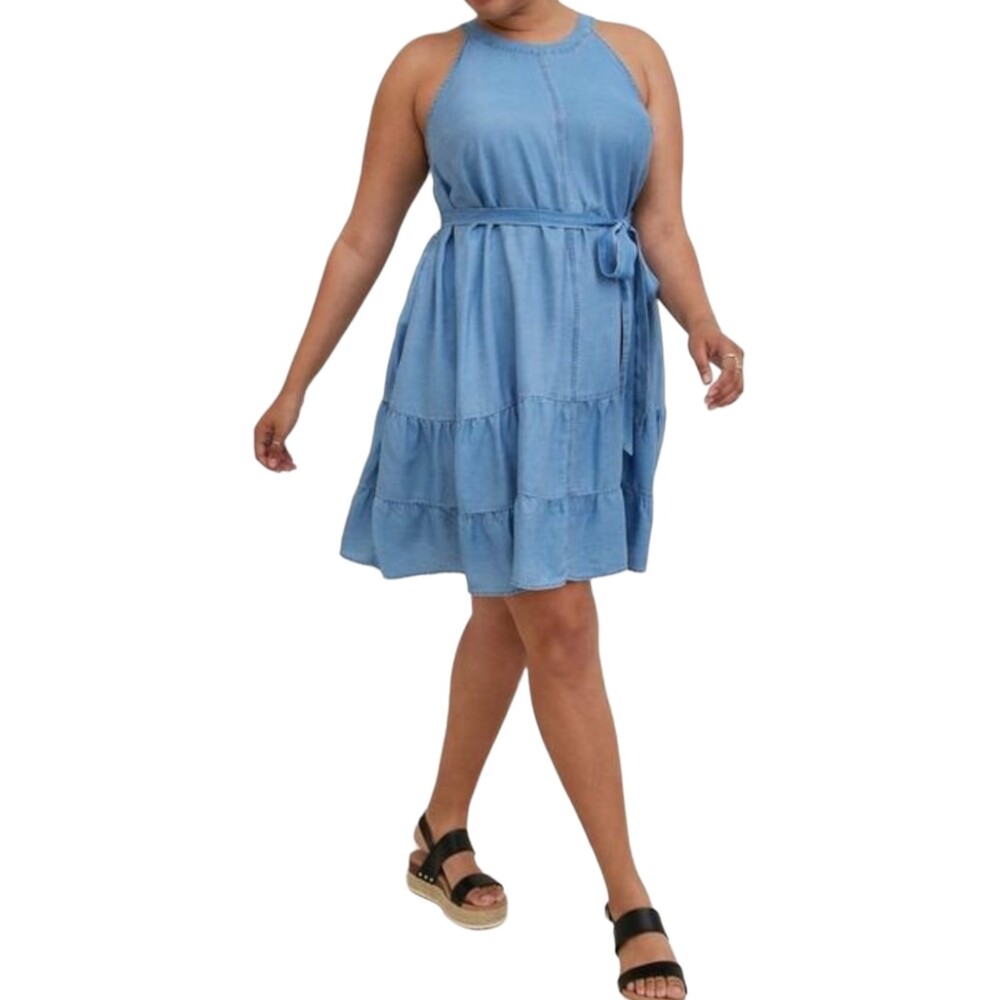 Torrid NWT High Neck Tiered Mini Dress Size 0 0X Chambray Blue Sleeveless Casual